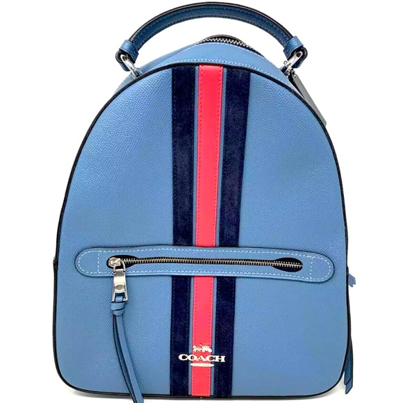 COACH Jordyn Backpack Crossgrain Leather Varsity Stripe Indigo Bookbag - Picture 1 of 4